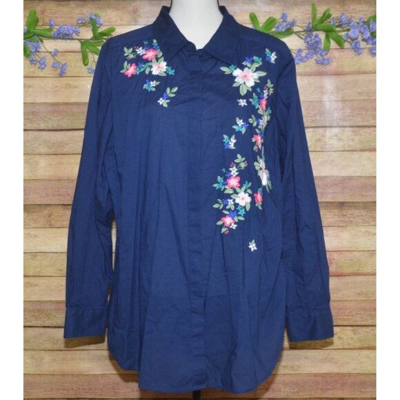 Liz Claiborne Womens Blue Button Up Embroidered Floral Blouse Top Plus Size 1X - Picture 1 of 10
